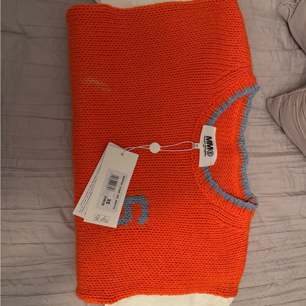 MM6 Maison Martin Margiela Bright Orange Knit Crewneck with Light Gray Trim